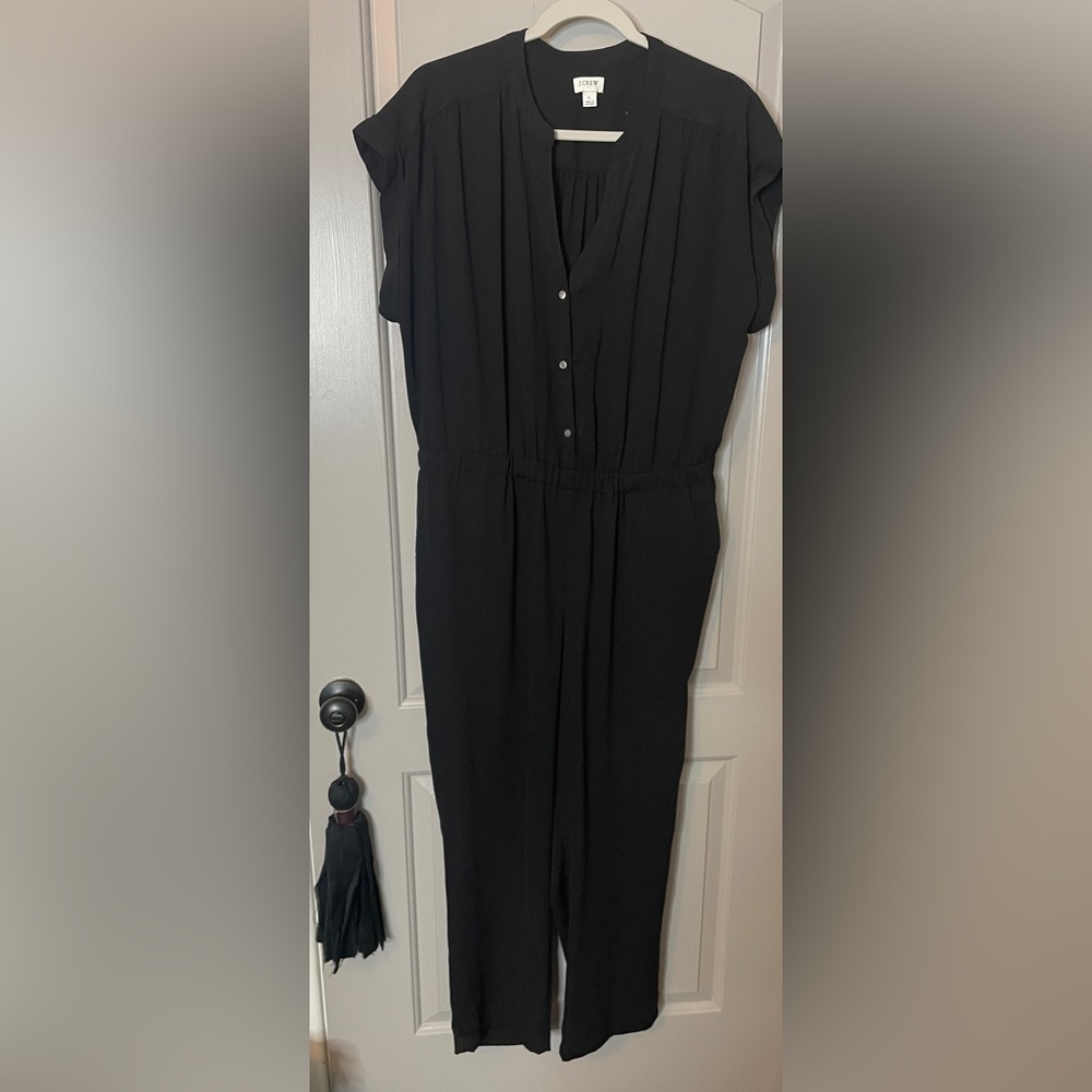 ew J Crew Size Large Black Cuffed Camp Shirt Jumpsuit Womens Button Pockets - Picture 4 of 10